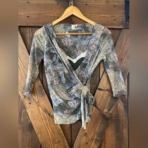 Sweet Pea Floral Lace Trim Wrap Blouse